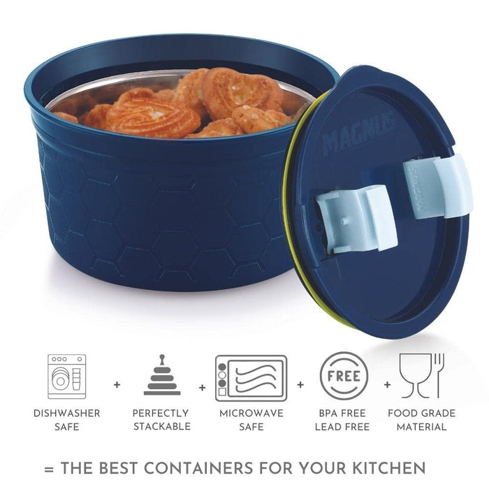 Magnus Stainless Steel Microwave-Safe Food Container | Steam Lock Design (300ML) Blue & Black Combo Pack of 2