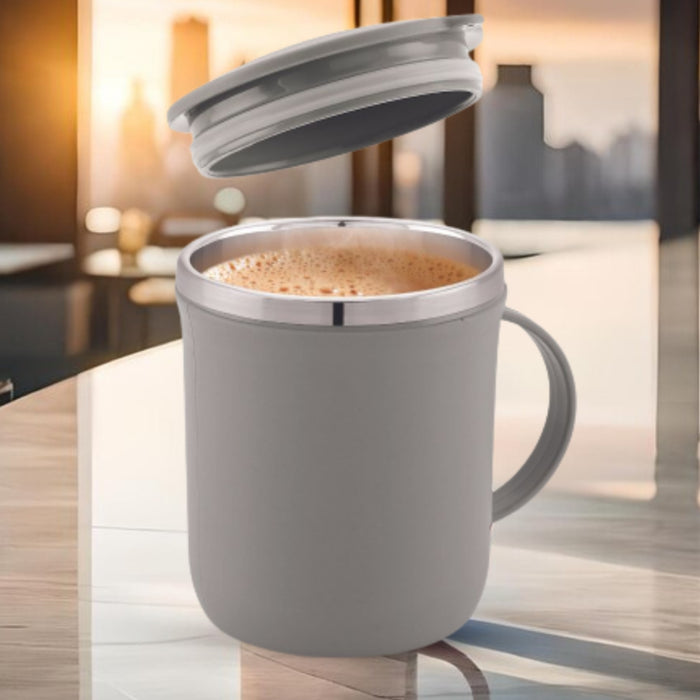 Magnus Espresso Mug | Grey Stainless Steel Coffee Mug (300ML) With Lid and Handle | Wide Mouth Mug Keeps Beverages Hot & Cold (Set of 2 Pcs)
