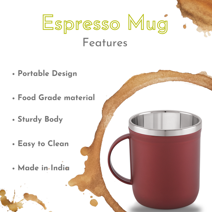 Magnus Espresso Mug | Maroon Stainless Steel Coffee Mug (300ML) With Lid and Handle | Wide Mouth Mug Keeps Beverages Hot & Cold (Set of 2 Pcs)