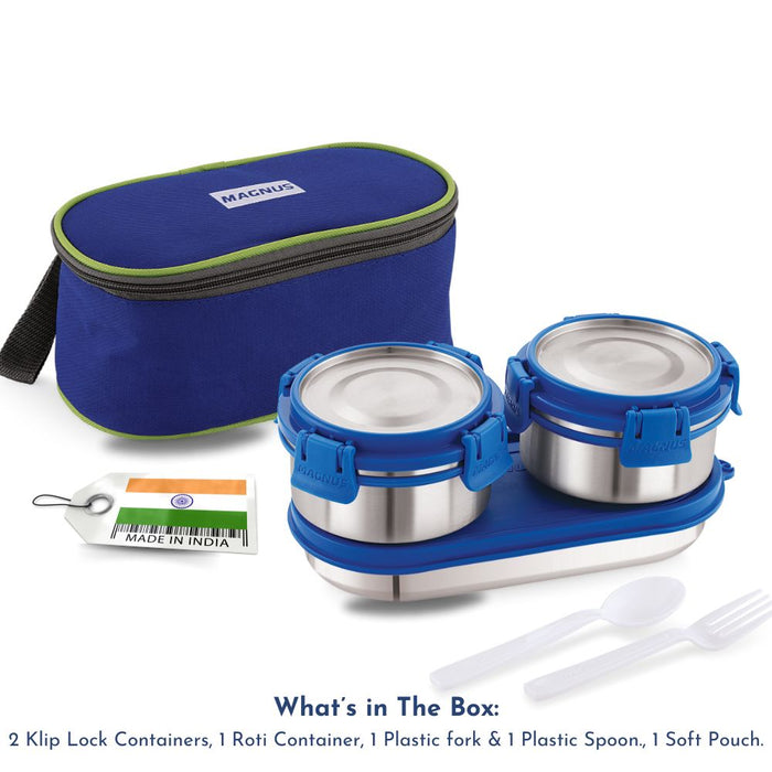 Magnus Avanza 3 Deluxe Prime Lunch Box Set | 100% Airtight & Leakproof 2 Stainless Steel Container With SS Lid, 1 SS Roti Tiffin Container, 1 Plastic Fork & Spoon, Soft Pouch | Ideal For School & Office