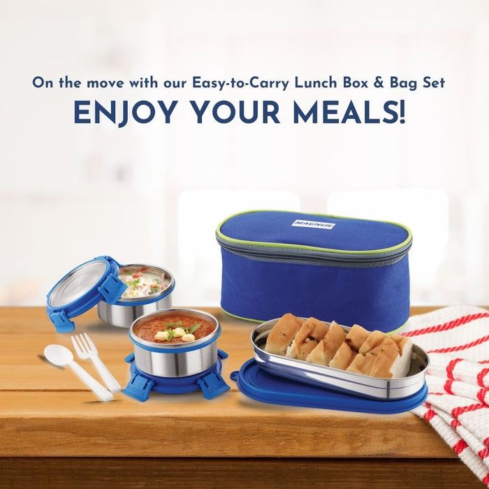 Magnus Avanza 3 Deluxe Prime Lunch Box Set | 100% Airtight & Leakproof 2 Stainless Steel Container With SS Lid, 1 SS Roti Tiffin Container, 1 Plastic Fork & Spoon, Soft Pouch | Ideal For School & Office