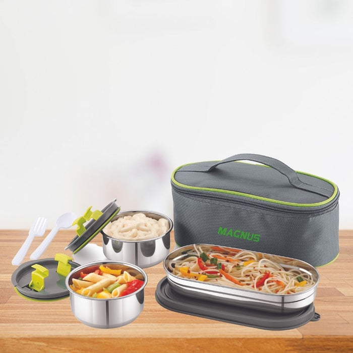 Magnus Olive 3 Prime Lunch Box | 3 Airtight & Leakproof Steamlock Stainless Steel Lunch Boxes with a compact Bag For School & Office