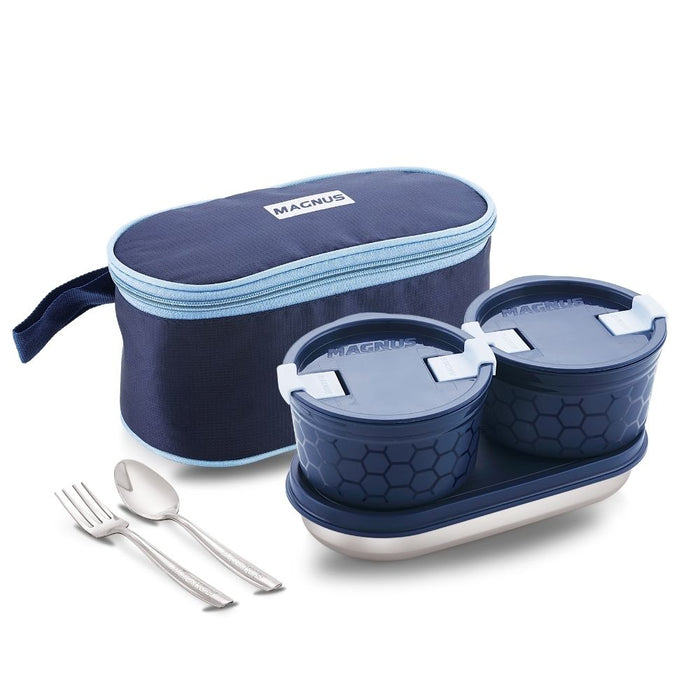 Magnus Microwave Safe Olive 3 Prime Lunch Box | 2 Microwave Safe Steamlock Stainless Steel Containers | 1 SS Roti Container | 1 SS Spoon & Fork | Compact Easy to Carry Bag Ideal For Office