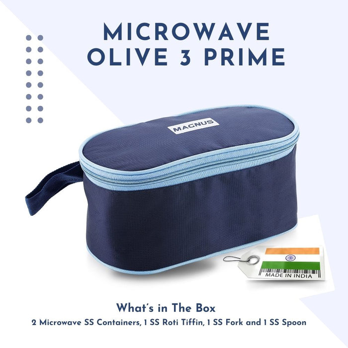 Magnus Microwave Safe Olive 3 Prime Lunch Box | 2 Microwave Safe Steamlock Stainless Steel Containers | 1 SS Roti Container | 1 SS Spoon & Fork | Compact Easy to Carry Bag Ideal For Office
