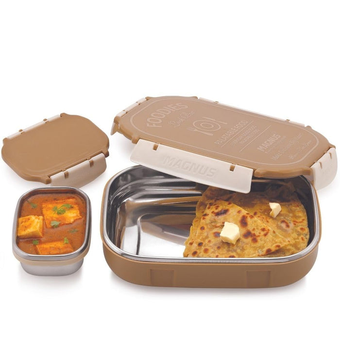 Magnus Spike Lunch Box PP (Brown) - Stainless Steel Rectangle Lunch Box with Detachable Clips (800ml+150ml) For Office Use and Picnic