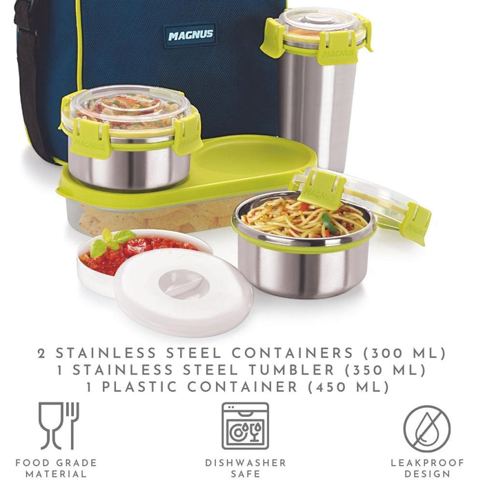 magnus nexus 5 stainless steel lunch box with bag 1400 ml food safe container