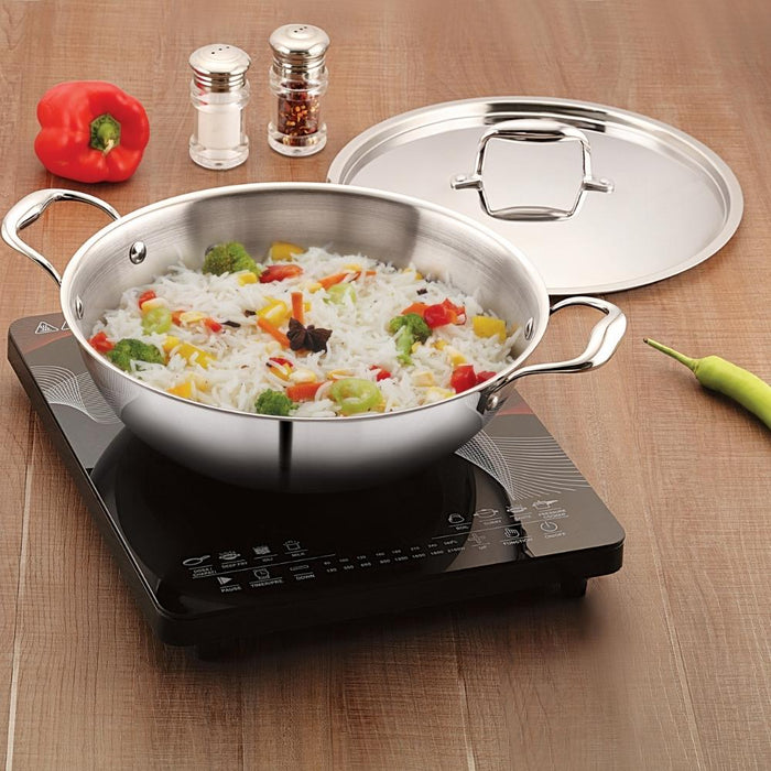 magnus triply stainless steel induction base kadhai with stainless steel lid 4.2 ltr side top view