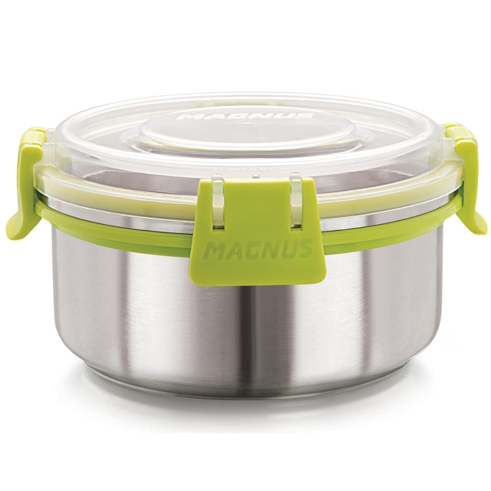 steel food container with plastic lid and four side locks green and silver colour