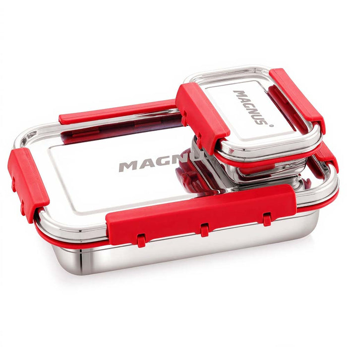 Magnus Dixie Stainless Steel Lunch Box - Airtight & Leak Proof Tiffin, 2 Containers (800ml & 200ml), Ideal Lunch Box for Kids, Lunch Boxes for Office Men, Women & Picnic, Red