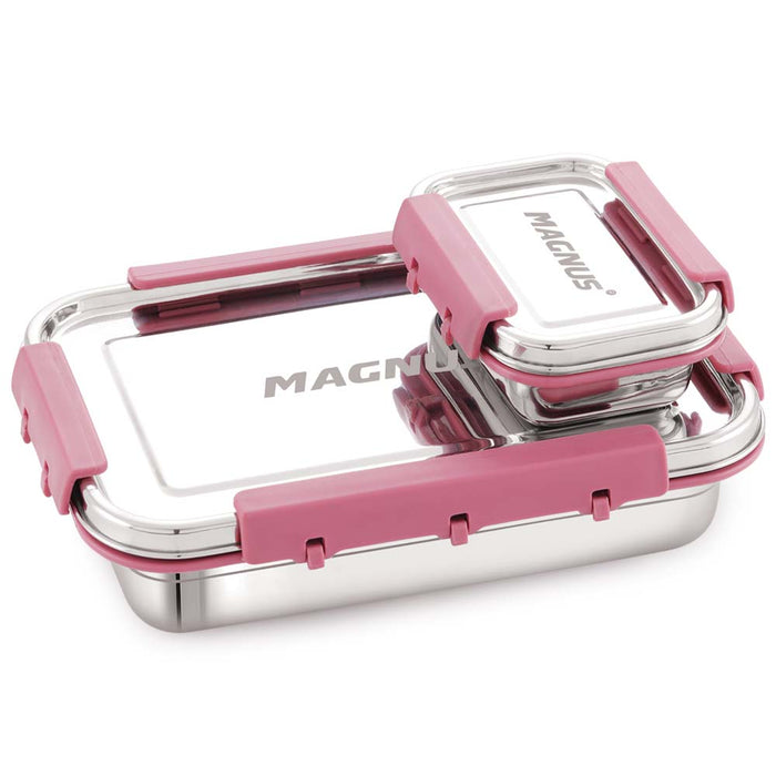 Magnus Dixie Stainless Steel Lunch Box - Airtight & Leak Proof Tiffin, 2 Containers (800ml & 200ml), Ideal Lunch Box for Kids, Lunch Boxes for Office Men, Women & Picnic, Pink