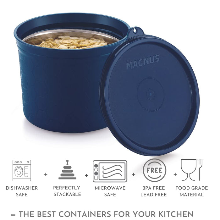 Magnus Microwave Safe Stainless-Steel Easy Lock Kitchen Food Storage Containers with Lid (Combo Pack of 2)  550ML Each - Blue & Black