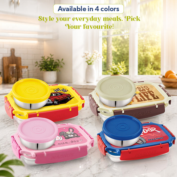 Magnus Magic Switch Junior Stainless Steel Lunch Box for Kids & School | 550 ml Main Container + 100ml Round Container | Airtight & Leakproof Tiffin Box with 3D Lenticular Sticker | Pink