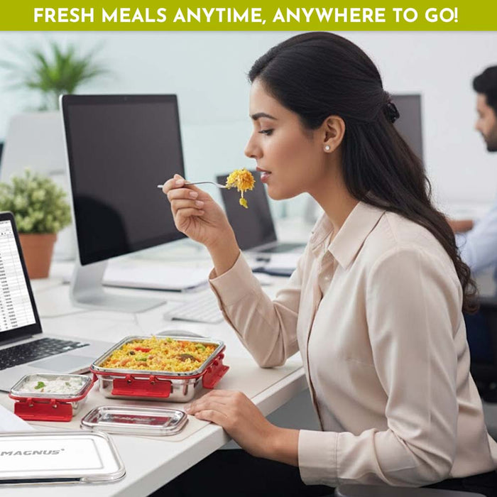 Magnus Dixie Stainless Steel Lunch Box - Airtight & Leak Proof Tiffin, 2 Containers (800ml & 200ml), Ideal Lunch Box for Kids, Lunch Boxes for Office Men, Women & Picnic, Red