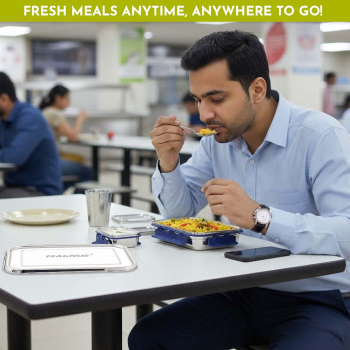 Magnus Dixie Stainless Steel Lunch Box - Airtight & Leak Proof Tiffin, 2 Containers (800ml & 200ml), Ideal Lunch Box for Kids, Lunch Boxes for Office Men, Women & Picnic, Blue