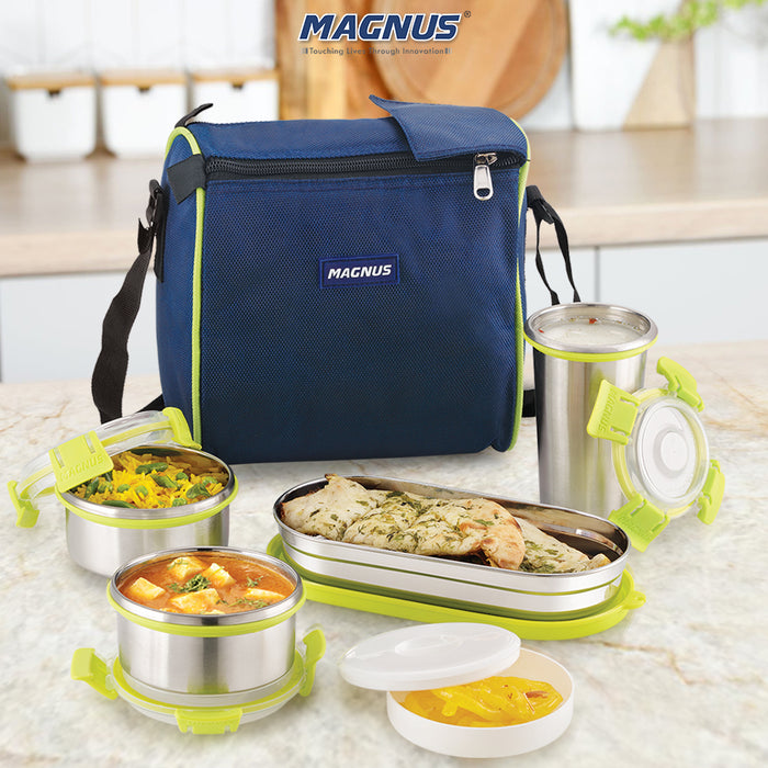 Magnus Nexus 5 Prime Stainless Steel Lunch Box Set | Insulated, Air-Tight, Leakproof Lunch Box for Kids, Office Men & School Tiffin | Suitable for Men, Women - Blue