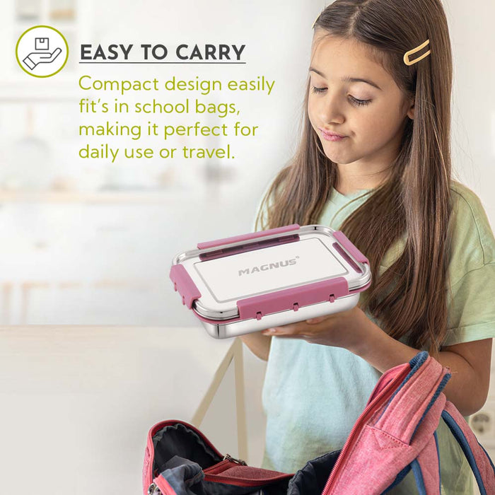 Magnus Dixie Stainless Steel Lunch Box - Airtight & Leak Proof Tiffin, 2 Containers (800ml & 200ml), Ideal Lunch Box for Kids, Lunch Boxes for Office Men, Women & Picnic, Pink