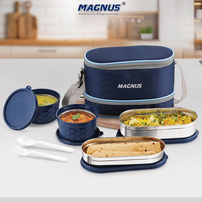 Magnus Microwave Feast 4 Prime, Microwave Safe Stainless Steel Lunch Box Set | Leakproof Tiffin for Men & Women | BPA-Free Containers | Lunch Box for Kids | Lunch Boxes for Office Men | Black