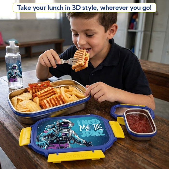 Magnus Magic Switch Senior Stainless Steel Lunch Box for Kids & School | 800ml Main Container + 150ml SS Container | Airtight & Leakproof Tiffin Box with 3D Lenticular Sticker | Blue & Yellow