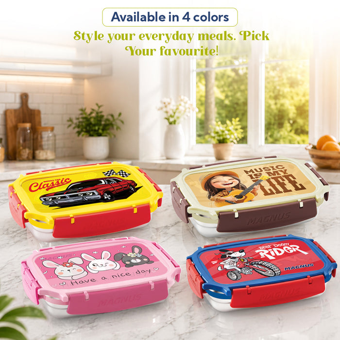 Magnus Magic Switch Junior Stainless Steel Lunch Box for Kids & School | 550 ml Container Container | Airtight & Leakproof Tiffin Box with 3D Lenticular Sticker & Detachable Clips | Blue, Red
