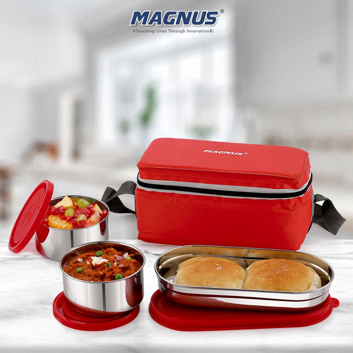 Magnus Fancy 3 Prime Steel Lunch Box Set | Leak-Proof Lunch Box for Kids, Office Men | 1050ml | Insulated Bag & Washable Cover | Tiffin with 3 Compartments | Safe & Stylish Design