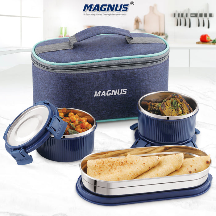 Magnus Microwave Avanza 3 Deluxe Prime - Stainless Steel Ribbed Microwave Safe Leakproof Lunch Box with Klip Lock & Carry Bag |Tiffin for Office, School, Men, Women, Kids