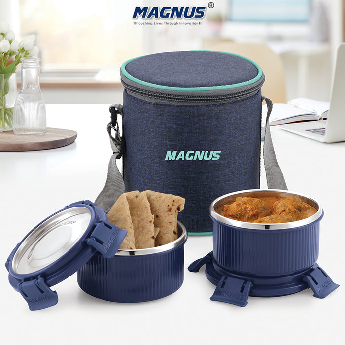 Magnus Microwave Aura 2 Deluxe Microwave Safe Ribbed Stainless Steel Lunch Box Set with Tiffin Bags & Pouch | Airtight, Leakproof Containers | Lunch Box for Kids, Lunch Boxes for Office Men, Women, School
