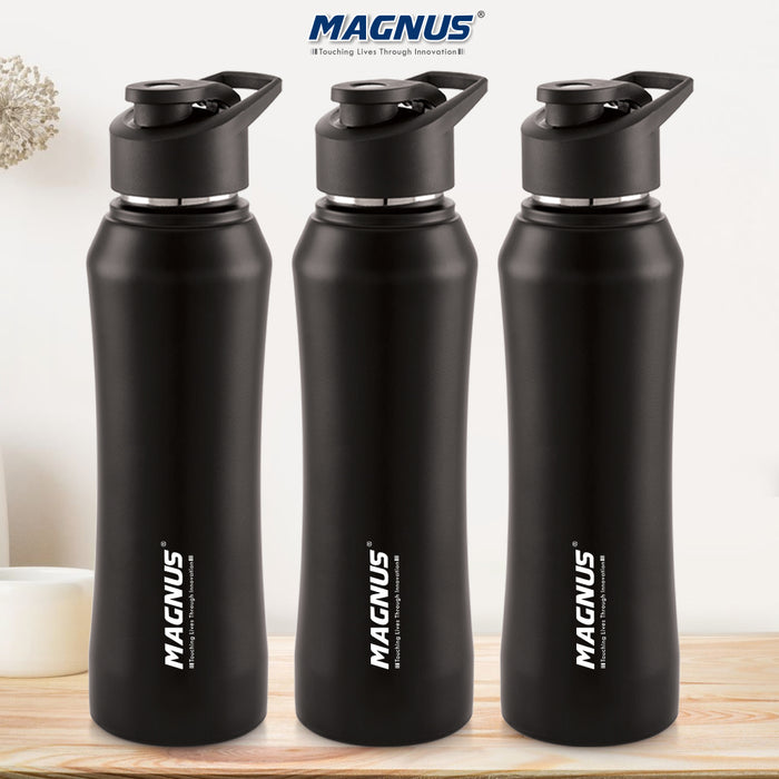 Magnus Oscar Single Wall Stainless Steel Water Bottle for School, Office, Home, Gym, Leakproof, Rust free, Black - 750ml, Set of 3