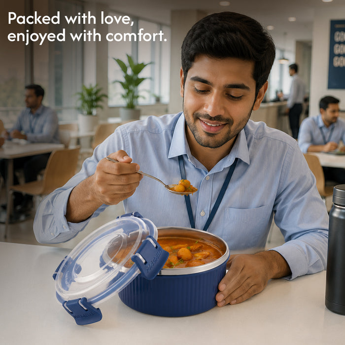 Magnus Klip Lock Stainless Steel Microwave Safe Container with Plastic Lid, Snack & Food Storage, Leak & Spill Proof, BPA Free, Food Grade Material, 450ml