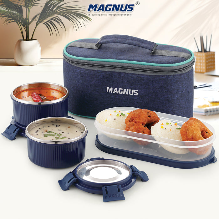 Magnus Microwave Avanza 3 Deluxe  - Stainless Steel Leakproof Lunch Box for Kids with Klip Lock & Insulated Bag | Airtight BPA-Free Tiffin | Ideal Lunch Boxes for Office Men, Women, School | Durable Food Containers
