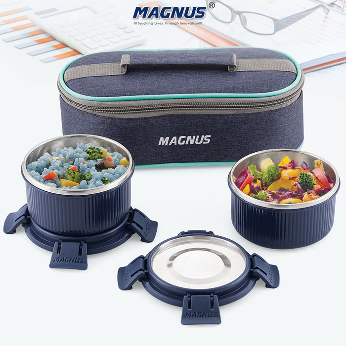Magnus Microwave Avanza 2 Deluxe - Stainless Steel Ribbed Microwave Safe Leakproof Lunch Box with Klip Lock & Carry Bag |Tiffin for Office, School, Men, Women, Kids