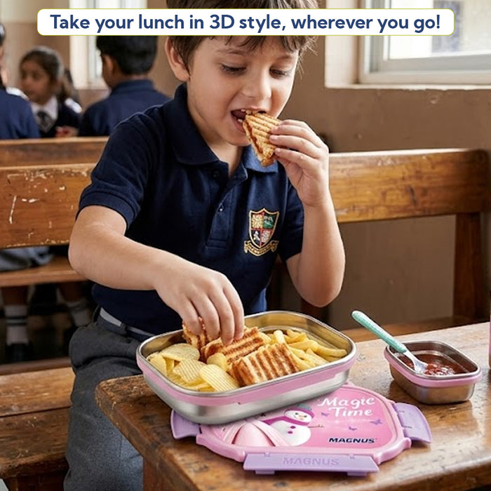 Magnus Magic Switch Senior Stainless Steel Lunch Box for Kids | 800ml Main Container + 150ml SS Container | Airtight & Leakproof Tiffin Box with 3D Lenticular Sticker & Detachable Clips | Pink