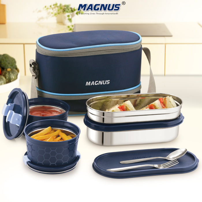 Magnus Microwave Olive-4 Stainless Steel Lunchbox, Microwave Safe, Leak-Proof Containers & Insulated Carry Case - Airtight Food Storage Lunch Box for Kids, Office Men, Women - Dual Long Containers for School, Picnic,1730ml