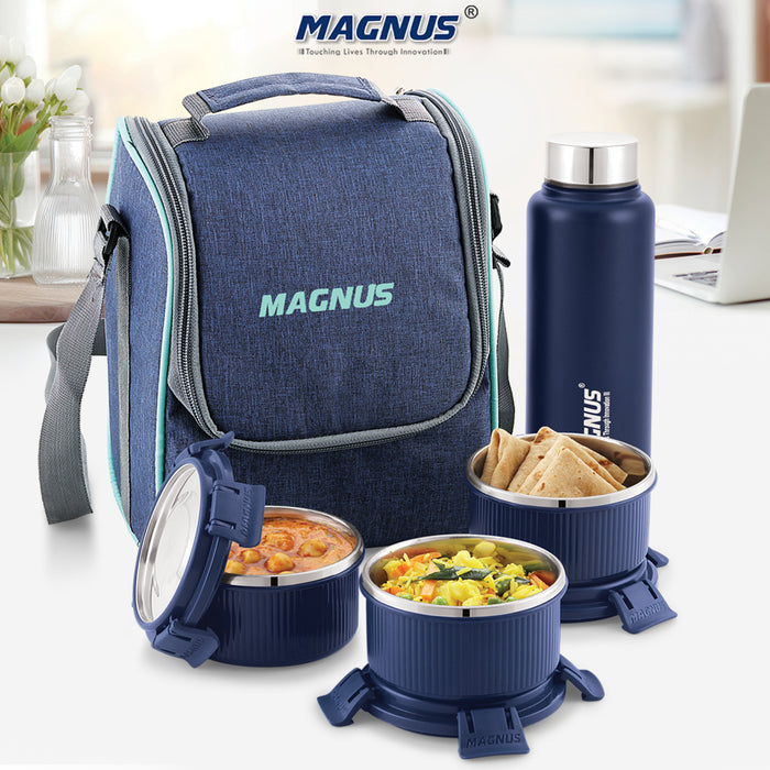 Magnus Microwave Hero 4 Deluxe Stainless Steel Klip Lock Lunch Box with Blue Vertical Pouch, 1 SS Bottle (700ml) & 3 Round Airtight, Leakproof Containers, 300ml Each