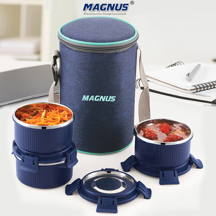 Magnus Microwave Aura 3 Deluxe, Microwave Safe Ribbed Stainless Steel Lunch Box Set with Tiffin Bags & Pouch | Airtight, Leakproof Containers | Lunch Box for Kids, Lunch Boxes for Office Men, Women, School