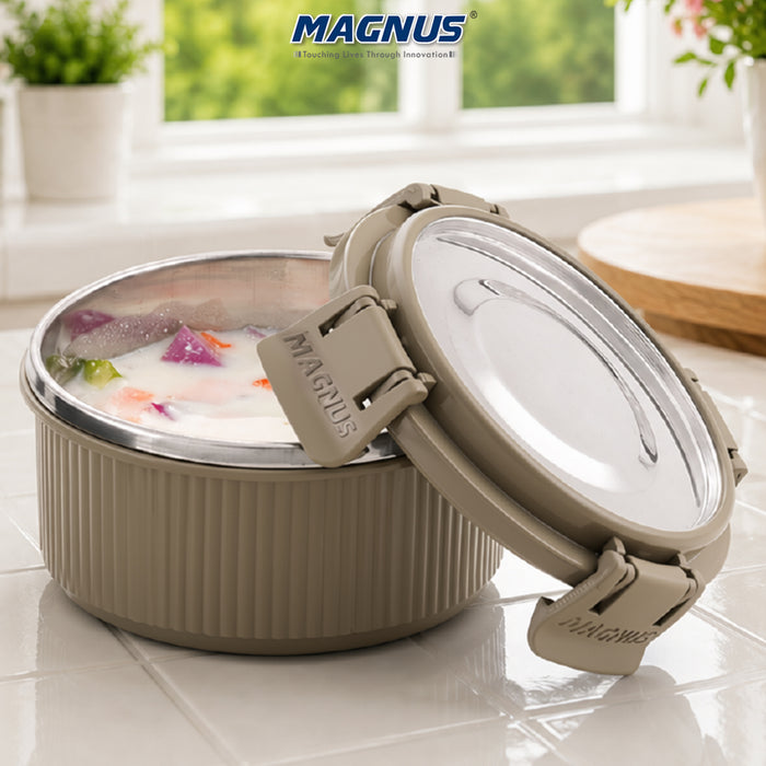 Magnus Klip Lock Deluxe Stainless Steel Microwave Safe Container with Stainless Steel Lid, Snack & Food Storage, Leak & Spill Proof, BPA Free, Food Grade Material, 400ml, beige