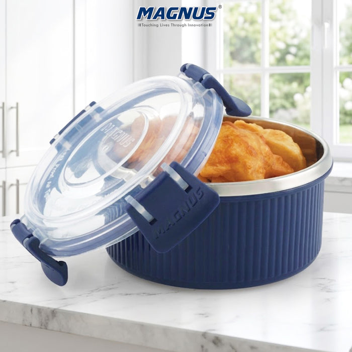 Magnus Klip Lock Stainless Steel Microwave Safe Container with Plastic Lid, Snack & Food Storage, Leak & Spill Proof, BPA Free, Food Grade Material, 450ml