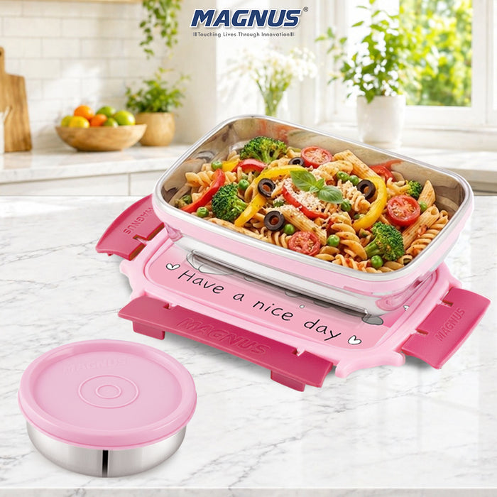 Magnus Magic Switch Junior Stainless Steel Lunch Box for Kids & School | 550 ml Main Container + 100ml Round Container | Airtight & Leakproof Tiffin Box with 3D Lenticular Sticker | Pink