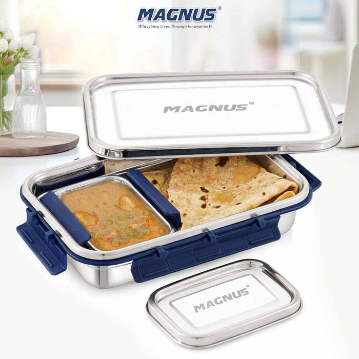Magnus Dixie Stainless Steel Lunch Box - Airtight & Leak Proof Tiffin, 2 Containers (800ml & 200ml), Ideal Lunch Box for Kids, Lunch Boxes for Office Men, Women & Picnic, Blue
