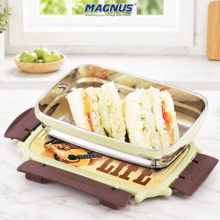 Magnus Magic Switch Junior Stainless Steel Lunch Box for Kids & School | 550 ml Container Container | Airtight & Leakproof Tiffin Box with 3D Lenticular Sticker & Detachable Clips | Brown