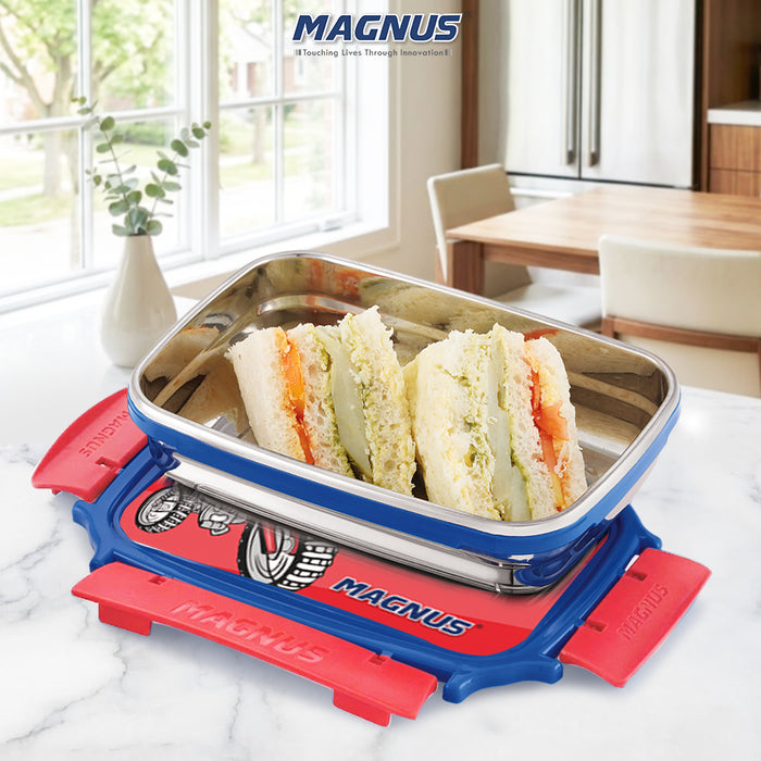 Magnus Magic Switch Junior Stainless Steel Lunch Box for Kids & School | 550 ml Container Container | Airtight & Leakproof Tiffin Box with 3D Lenticular Sticker & Detachable Clips | Blue, Red