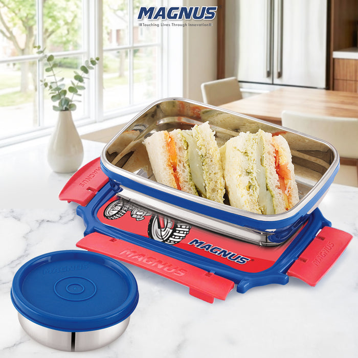 Magnus Magic Switch Junior Stainless Steel Lunch Box for Kids & School | 550 ml Main Container + 100ml Round Container | Airtight & Leakproof Tiffin Box with 3D Lenticular Sticker | Red, Blue