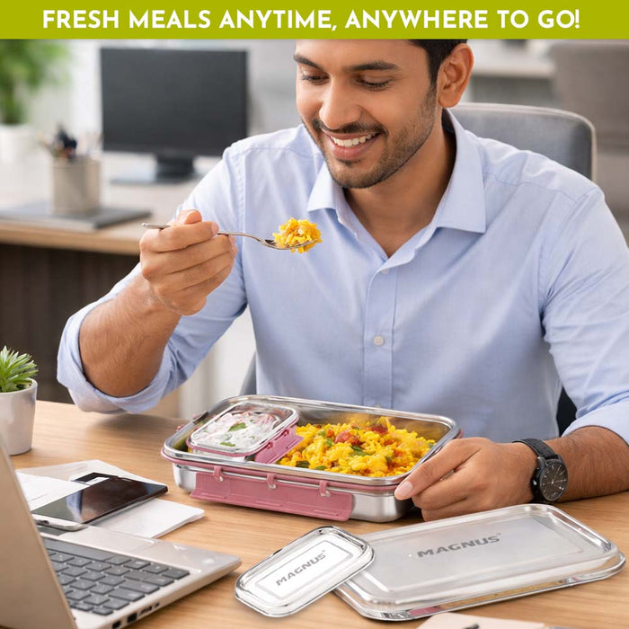 Magnus Dixie Stainless Steel Lunch Box - Airtight & Leak Proof Tiffin, 2 Containers (800ml & 200ml), Ideal Lunch Box for Kids, Lunch Boxes for Office Men, Women & Picnic, Pink