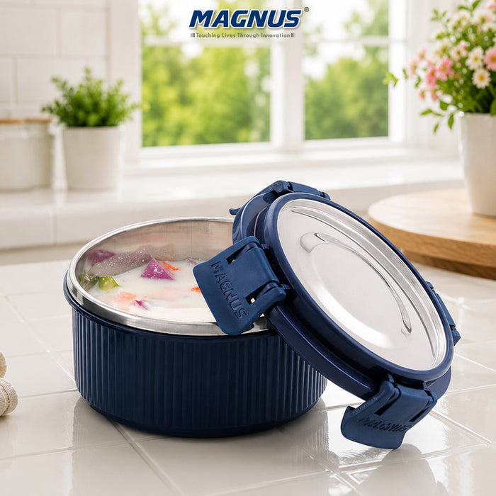 Magnus Klip Lock Deluxe Stainless Steel Microwave Safe Container with Stainless Steel Lid, Snack & Food Storage, Leak & Spill Proof, BPA Free, Food Grade Material