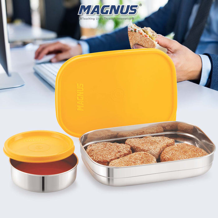 Magnus Rush Stainless Steel Lunch Box - Airtight & Leak Proof Tiffin, 2 Containers (800ml & 200ml), Ideal Lunch Box for Kids, Lunch Boxes for Office Men, Women & Picnic, Orange