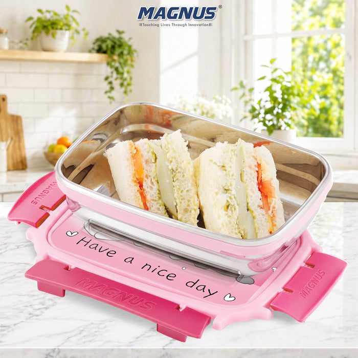 Magnus Magic Switch Junior Stainless Steel Lunch Box for Kids & School | 550 ml Container Container | Airtight & Leakproof Tiffin Box with 3D Lenticular Sticker & Detachable Clips | Pink