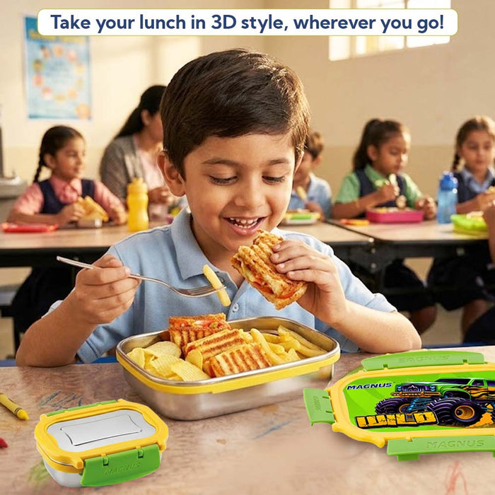 Magnus Magic Switch Senior Stainless Steel Lunch Box for Kids & School | 800ml Main Container + 150ml SS Container | Airtight & Leakproof Tiffin Box with 3D Lenticular Sticker | Green & Yellow