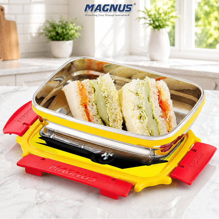 Magnus Magic Switch Junior Stainless Steel Lunch Box for Kids & School | 550 ml Container Container | Airtight & Leakproof Tiffin Box with 3D Lenticular Sticker & Detachable Clips | Red, Yellow