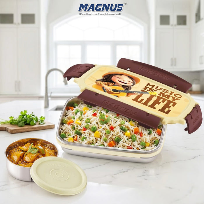 Magnus Magic Switch Junior Stainless Steel Lunch Box for Kids & School | 550 ml Main Container + 100ml Round Container | Airtight & Leakproof Tiffin Box with 3D Lenticular Sticker | Brown