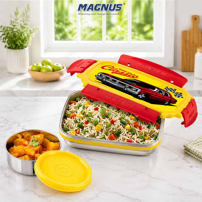 Magnus Magic Switch Junior Stainless Steel Lunch Box for Kids & School | 550 ml Main Container + 100ml Round Container | Airtight & Leakproof Tiffin Box with 3D Lenticular Sticker | Red, Blue