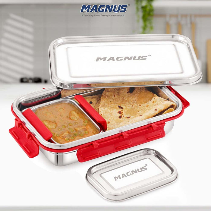 Magnus Dixie Stainless Steel Lunch Box - Airtight & Leak Proof Tiffin, 2 Containers (800ml & 200ml), Ideal Lunch Box for Kids, Lunch Boxes for Office Men, Women & Picnic, Red